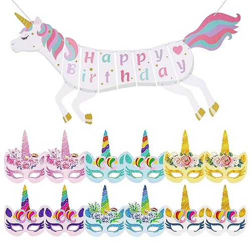 Einhorn Masken Bastelsets+Happy Birthday Banner, 12 Stück Einhornmasken Kreativ Partymasken zum Basteln, Bunt Girlande für Kinder Geburtstage Motto Party Spiele Mitgebsel, Cosplay, Weihnachten von MoonSing