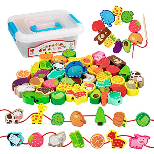 Fädelspiel Montessori Spielzeug, 42 Stück Perlen Fädelspiel, Obst GemüSe Tiere Holzperlen Einfädeln Spiele, Pädagogisches Lernspielzeug, Geschenke für Kinder Mädchen und Jungen ab 2 3 4 5 Jahre von MoonSing