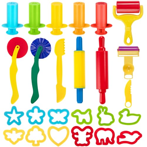 MoonSing Knete Zubehör, 25 Stück Knetwerkzeug Teig Plastilin Werkzeuge für Kinder, DIY Knetmasse, Extruder, Ausstechformen Küchenspielzeug, Lernspielzeug Spielzeug Geschenk für Jungen und Mädchen von MoonSing