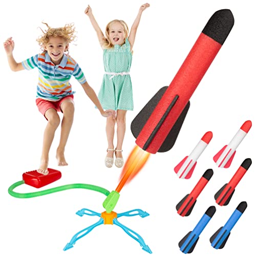 MoonSing Spielzeug Rakete Outdoor Spielzeug für Kinder, 6 Schaumstoff Raketen und eine Startrampe in bunten Farben, Ultra Rocket Launcher Luftdruck Gartenspiele, Geschenke für Jungen Mädchen von MoonSing