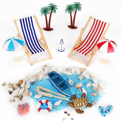 Strand-Mikrolandschaft, 16 Stück Miniatur Dekoration Miniliegestuhl Strandkorb Sonnenschirm Kleine Palme Accessoires, Hawaiisch Strand Torten Dekoration, Geschenk für DIY Puppenhaus Modellbau Garten von MoonSing