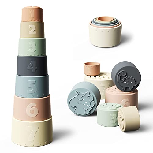 Moonkie Baby Stapelbecher Spielzeug, Stapelturm mit 7 Bechern Für Babys & Kinder,lustiges pädagogisches Stapelbecher-Silikon-weiches und zahnendes Spielzeug von Moonkie