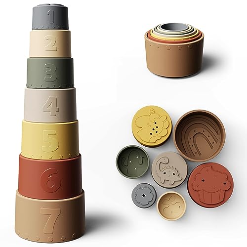 Moonkie Baby Stapelbecher Spielzeug, Stapelturm mit 7 Bechern Für Babys & Kinder, Lustiges Pädagogisches Stapelbecher-Silikon-weiches und zahnendes Spielzeug… von Moonkie