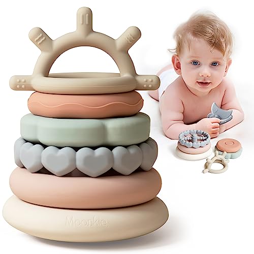 Moonkie Stapelturm für Stapelspiel, Baby Stapelspielzeug mit Ringen, Beißspielzeug Pädagogisches Lernen Stapelring Spielzeug für Babys, 7-teiliges Set von Moonkie