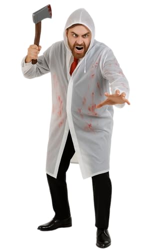 5-teiliges Erwachsenen-Psycho-Kostüm für Herren, Halloween-Kostüme – transparenter Regenmantel, Kunstblut, falsche Axt, rote Krawatte und Visitenkarte – Psycho-amerikanischer Filmserienmörder-Outfit 5-teiliges Erwachsenen-Psycho-Kostüm für Herren, Halloween-Kostüme – transparenter Regenmantel, Kunstblut, falsche Axt, rote Krawatte und Visitenkarte – Psycho-amerikanischer Filmserienmörder-Outfit von Moonlight Fright