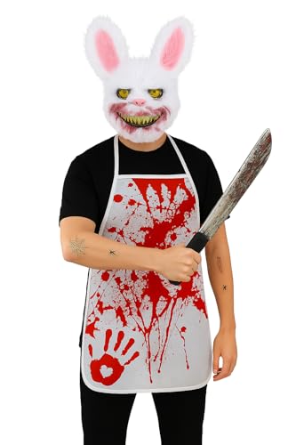 Horror Killer Bunny Halloween Kostüm - Killer Rabbit Kostüm mit gruseliger Hasenmaske, blutiger Schürze, gefälschter blutiger Messer-Requisite und wundenden temporären Tattoos - Gruseliges Häschen Horror Killer Bunny Halloween Kostüm - Killer Rabbit Kostüm mit gruseliger Hasenmaske, blutiger Schürze, gefälschter blutiger Messer-Requisite und wundenden temporären Tattoos - Gruseliges Häschen von Moonlight Fright