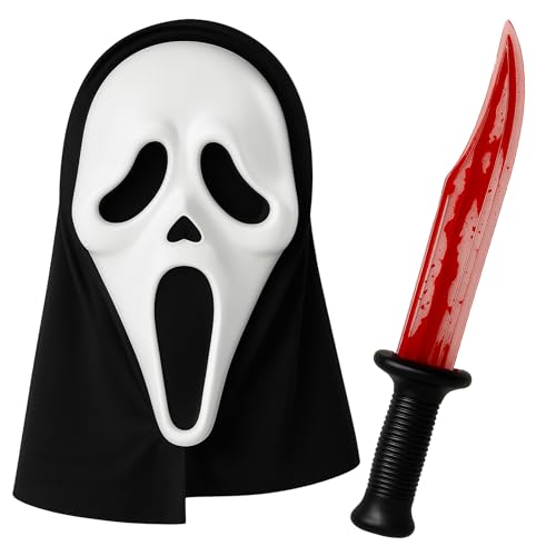 Screamer Ghost Gesichtsmaske und gefälschtes Messer mit Blut für Herren, Halloween-Kostüme, Teenager – gruselige Maske und gefälschtes Messer für Halloween-Kostüme – Verkleidung für Erwachsene Screamer Ghost Gesichtsmaske und gefälschtes Messer mit Blut für Herren, Halloween-Kostüme, Teenager – gruselige Maske und gefälschtes Messer für Halloween-Kostüme – Verkleidung für Erwachsene von Moonlight Fright