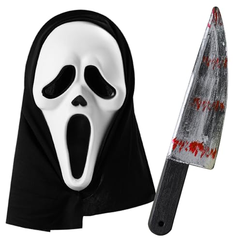 Halloween Horror Maske und Fake Messer im Set – Masken Kostüm für Erwachsene – Ghost Maske Prank Artikel – Zombie Messer mit Fake Blut und Halloween Maske als Requisite und für Gruselige Kostüme Halloween Horror Maske und Fake Messer im Set – Masken Kostüm für Erwachsene – Ghost Maske Prank Artikel – Zombie Messer mit Fake Blut und Halloween Maske als Requisite und für Gruselige Kostüme von Moonlight Fright