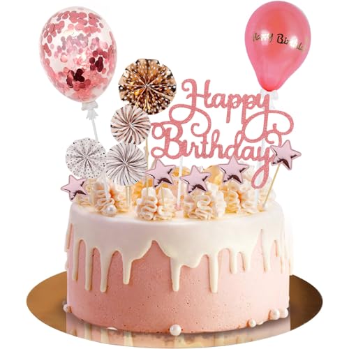 Moorle Happy Birthday Tortendeko 12 Stück, Damen Torten Geburtstagsdeko, Rosa Gold Kuchendeko, Topper Tortendekoration mit Golden Sterne Papierfächer Konfetti Luftballons für Geburtstagsfeier Moorle Happy Birthday Tortendeko 12 Stück, Damen Torten Geburtstagsdeko, Rosa Gold Kuchendeko, Topper Tortendekoration mit Golden Sterne Papierfächer Konfetti Luftballons für Geburtstagsfeier von Moorle