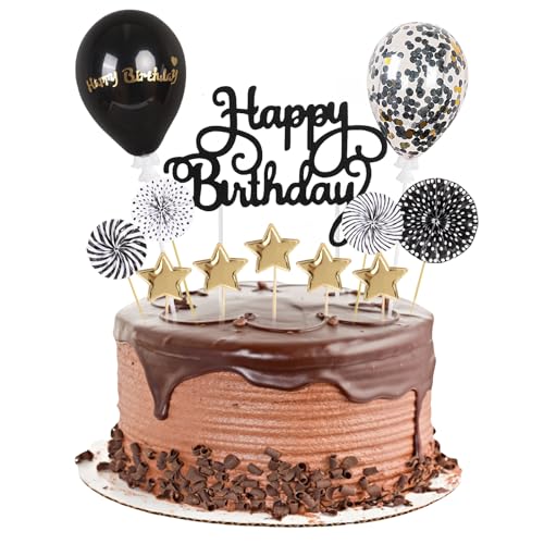 Moorle Happy Birthday Tortendeko 12 Stück, Damen Torten Geburtstagsdeko, Schwarz Gold Kuchendeko, Topper Tortendekoration mit Golden Sterne Papierfächer Konfetti Luftballons für Geburtstagsfeier Moorle Happy Birthday Tortendeko 12 Stück, Damen Torten Geburtstagsdeko, Schwarz Gold Kuchendeko, Topper Tortendekoration mit Golden Sterne Papierfächer Konfetti Luftballons für Geburtstagsfeier von Moorle