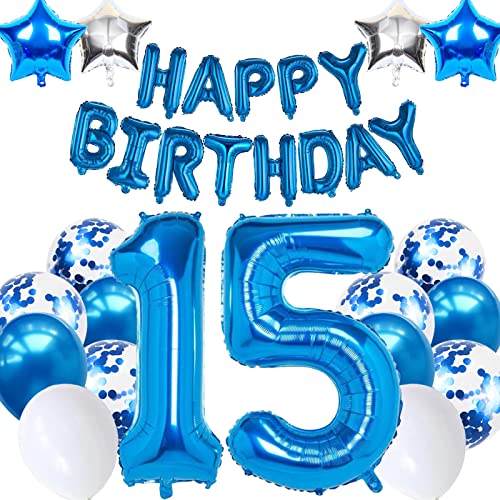 15. Geburtstagsdeko Junge, Luftballon 15 Geburtstag Blau, 15. Geburtstag Dekoration Blau, 15 Jahr Geburtstagsdeko Blau, Luftballon 15 Geburtstag für Mädchen Jungen 15 Jahr Party Deko von Moorle
