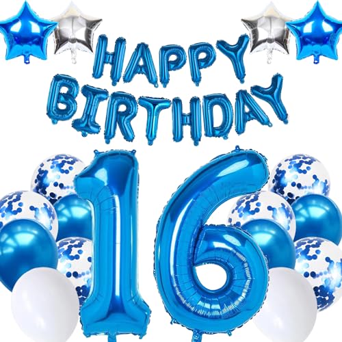 16. Geburtstagsdeko Junge, Luftballon 16 Geburtstag Blau, 16. Geburtstag Dekoration Blau, 16 Jahr Geburtstagsdeko Blau, Luftballon 16 Geburtstag für Mädchen Jungen 16 Jahr Party Deko von Moorle