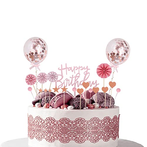 Tortendeko Rosegold 22 Stück, Kuchendeko Geburtstag Mädchen, Happy Birthday Tortendeko, Sterne Papierfächer Cupcake Topper, Konfetti Luftballons Cake Topper für Geburtstag Dekoration Mädchen von Moorle