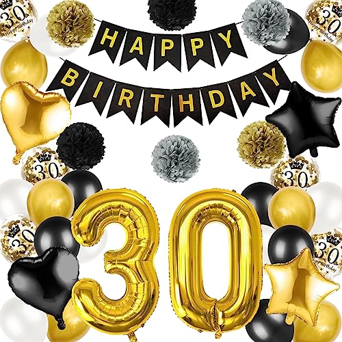 30 Geburtstag Deko, Deko Schwarz Gold 30. Geburtstag Männer, Luftballon 30 Geburtstag Gold, Happy Birthday Girlande, Schwarz Gold Luftballons Geburtstag für Männer Frauen 30 Jahr Party Deko von Moorle