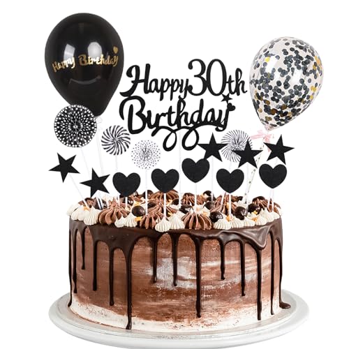 30. Tortendeko Schwarz, 18 Stück Tortendeko Geburstagstorte, Happy Birthday Kuchendeko, Cake Topper Männer Frauen, Tortenaufleger Deko Geschenke für Party Torten Deko von Moorle