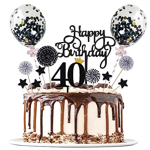 Tortendeko 40 Schwarz, Tortendeko 40 Geburtstag Männer, Tortendeko Schwarzes 40th, Happy Birthday Kuchendeko, Papierfächer Cupcake, Cake Topper für 40 Geburtstag Mann Frauen von Moorle