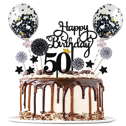 Moorle Tortendeko 50 Schwarz, Tortendeko 50 Geburtstag Männer, Tortendeko Schwarzes 50th, Happy Birthday Kuchendeko, Papierfächer Cupcake, Cake Topper für 50 Geburtstag Mann Frauen, MO20230420AA von Moorle