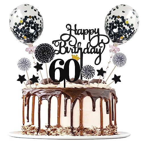 Tortendeko 60 Schwarz, Tortendeko 60 Geburtstag Männer, Tortendeko Schwarzes 60th, Happy Birthday Kuchendeko, Papierfächer Cupcake, Cake Topper für 60 Geburtstag Mann Frauen von Moorle