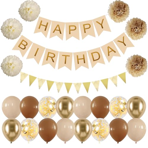 Luftballons Geburtstag Dekoration, Khaki Beige Geburtstagsdeko, Happy Birthday Deko Banner, Pompons, Dreieck Flagge, Luftballons Konfetti Ballons für Geburtstagsdeko Männer Junge von Moorle