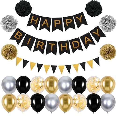 Luftballons Geburtstag Dekoration, Schwarz Gold Geburtstagsdeko, Happy Birthday Deko Banner, Pompons, Dreieck Flagge, Luftballons Konfetti Ballons für Geburtstagsdeko Junge Männer von Moorle