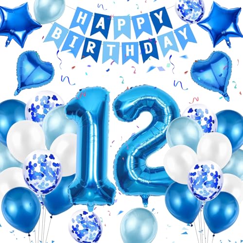 Moorle 12 Geburtstag Dekorationen für Jungen, Blau 40 Zoll Zahl 12 Folienballons Geburtstag mit Happy Birthday Banner, Blau 12 Luftballons, Stern Herz Konfetti Ballon für 12 Luftballons Geburtstag von Moorle