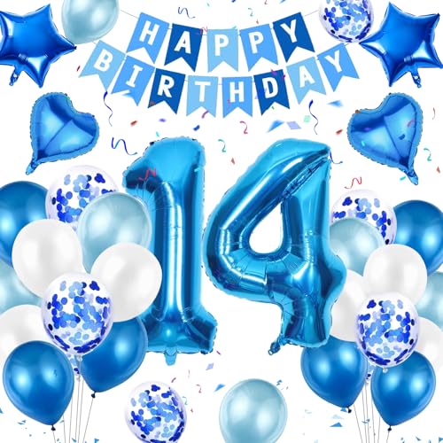Moorle 14 Geburtstag Dekorationen für Jungen, Blau 40 Zoll Zahl 14 Folienballons Geburtstag mit Happy Birthday Banner, Blau 14 Luftballons, Stern Herz Konfetti Ballon für 14 Luftballons Geburtstag von Moorle