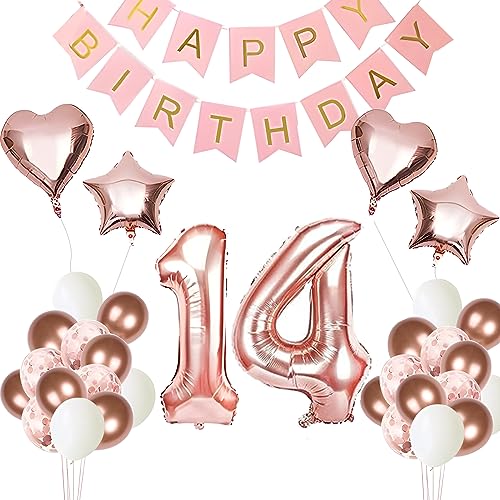 Moorle 14. Mädchen Geburtstag Deko, Rosegold Geburtstagsdeko Luftballons 14 Jahr, Banner Geburtstag Deko Mädchen 14 Jahre Set, Luftballon Deko Rose Für 14.Mädchen, Happy Birthday Deko Rosegold 14. von Moorle