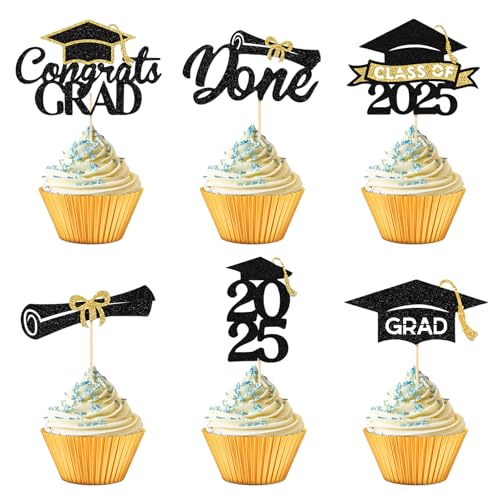 Moorle 24 Stück 2025 Graduation Cupcake Toppers, Schwarz Gold Abschlussfeier Cupcake Toppers, Glitzer 2025 Abschluss Tortendeko, Bachelor Hut Deko, Abschluss Party Dekoration von Moorle