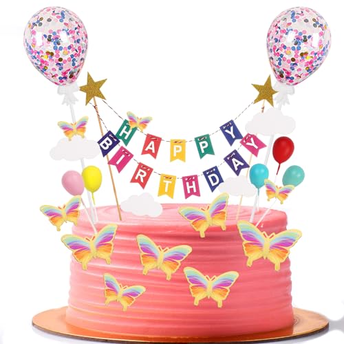 Moorle 24 Stück Kuchen Topper Bunting Set, Alles Gute zum Geburtstag Tortendeko, Regenbogen Kuchen Dekorationen, Junge Damen Tortendekoration mit Schmetterlinge, Banner bunt für Geburtstagsfeier von Moorle