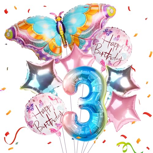 Moorle Schmetterling Luftballons 3. Geburtstag Deko, Folienballon Zahl Bunt Geburtstagsdeko 3 Jahre Mädchen, 8 Stück Ballons 3. Geburtstag Deko Set, Zahlenballon für Party, Happy Birthday, Dekoration von Moorle
