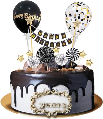 Moorle Tortendeko Schwarz Gold 12 Stück, Happy Birthday Kuchendeko, Kuchendeko Geburtstag Junge, Cake Topper Schwarz, Papierfächer Sterne Cupcake Tortenstecker für Geburtstag Dekoration Junge Mädchen von Moorle