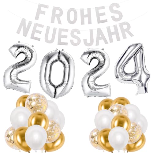 Silvester Deko 2024, Deko Silvester Party 2024 Silber, Frohes Neues Jahr Girlande, XXL 2024 Luftballon Dekoration, Happy New Year Deko, Silvester Ballon für Neujahr Deko Silvesterparty 2024 von Moorle