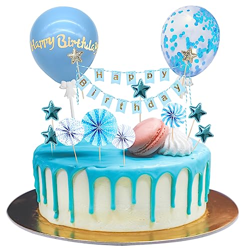 Moorle Tortendeko Blau 12 Stück, Happy Birthday Kuchendeko, Kuchendeko Geburtstag Junge, Cake Topper Blau, Papierfächer Sterne Cupcake Tortenstecker für Geburtstag Dekoration Junge Mädchen von Moorle