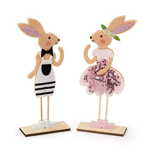 Packung mit 2 Kaninchen aus Holz, mit Filz und Pailletten, 21 cm, 2 Verschiedene Modelle von Mopec