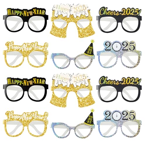 MorLuks 12 Stück 2025 Silvester Brille, Fotobox Accessoires, Happy New Year Party Zubehör,Silvester Foto Requisiten 2025, Neujahr Deko für Erwachsene Kinder, Neujahrsdekorationen für das Gesicht von MorLuks