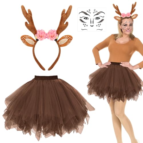 MorLuks Reh Kostüm Damen, Reh Haarreif + Reh Tattoo Gesicht + Tüllrock Braun Reh, Rentier Kostüm, Tier Kostüm Accessoires für Karneval Fasching Halloween Cosplay Party MorLuks Reh Kostüm Damen, Reh Haarreif + Reh Tattoo Gesicht + Tüllrock Braun Reh, Rentier Kostüm, Tier Kostüm Accessoires für Karneval Fasching Halloween Cosplay Party von MorLuks