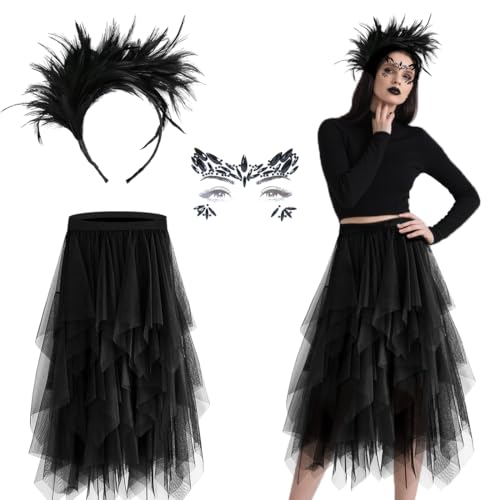 MorLuks Schwarz Federn Kostüm, Feder Haarschmuck + Tattoo Gesicht + Langer Tüllrock, 20er Jahre Kostüm Damen für Halloween Fasching Karneval Cosplay Hochzeit Party von MorLuks