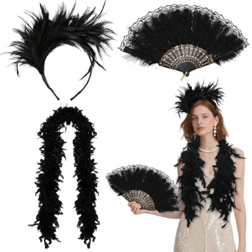 MorLuks Schwarz Federn Kostüm, Federboa + Feder Haarschmuck + Fächer Spitze, Federschal Federfächer, 20er Jahre Kostüm Damen für Halloween Fasching Karneval Cosplay Hochzeit Party von MorLuks
