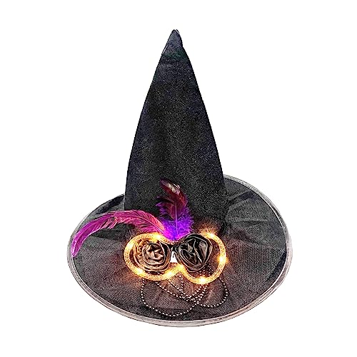 Halloween-Hexenhut, schwarzer Zauberer für Damen und Mädchen, Zauberer, Cosplay, Kostüm, Zubehör, LED-Licht, spitzer Hut, breite Krempe, spitz Halloween-Hexenhut, schwarzer Zauberer für Damen und Mädchen, Zauberer, Cosplay, Kostüm, Zubehör, LED-Licht, spitzer Hut, breite Krempe, spitz von Morain