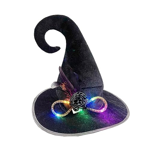 Halloween-Hexenhut, schwarzer Zauberer für Damen und Mädchen, Zauberer, Cosplay, Kostüm, Zubehör, LED-Licht, spitzer Hut, breite Krempe, spitz Halloween-Hexenhut, schwarzer Zauberer für Damen und Mädchen, Zauberer, Cosplay, Kostüm, Zubehör, LED-Licht, spitzer Hut, breite Krempe, spitz von Morain