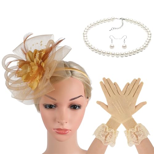 Morain 20er Jahre Fascinator Hut Haarband und Halskette Kostüm Set Haarschmuck für Pferderennen Event Cocktails Party Dressingup Kostüm Kopfbedeckung von Morain