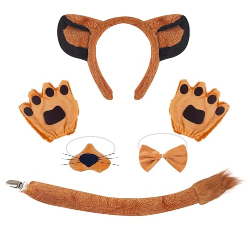 Morain Cosplay-Kostüm-Set für Hunde, Haarreifen-Set, Plüschschwanz, Fliege, Löwenohren, Stirnband, Netzrock, Handschuhe von Morain