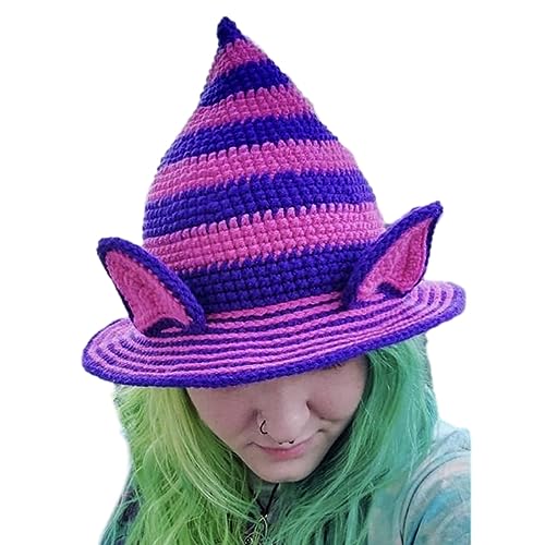 Morain Gestreifter Hexenhut mit Ohren, einzigartiger Strick für Halloween, Kostüm, Cosplay, Requisiten, Ornament, weich und bequem von Morain