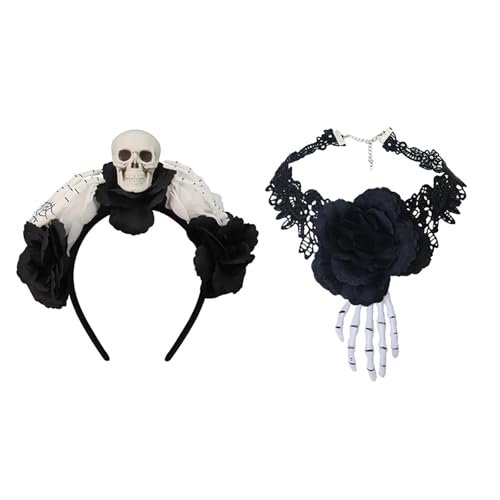 Praktisches Totenkopf-Stirnband- und Halsketten-Set, künstliche Blumendekorationen, Kostüm für Halloween-Themenpartys, verstellbares Polyester-Netzgewebe von Morain