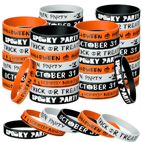 Morcheiong 60 Stück Halloween-Themen-Silikon-Armbänder für Halloween-Partyzubehör, 6 Designs, Ohne Edelstein von Morcheiong