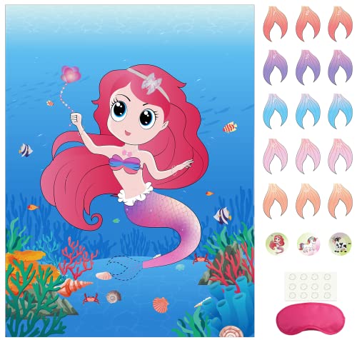 Morcheiong Pin The Tail on The Mermaid Party Game with 48 Tails for Mermaid Birthday Decorations Kids Birthday Party Favors Family Game Supplies von Morcheiong