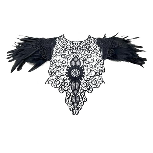 MoreChioce Gothic Natürliche Feder Cape Schal mit Spitze,Natürlichen Feder Achselzucken Umhang Schal Stola Schultertuch Federumhang Schalkragen Halskette für Halloween Cosplay Verkleidung,Schwarz von MoreChioce