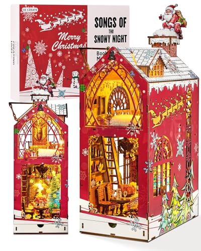 Morefün Book Nook Kit,DIY Miniatur Puppenhäuser Haus Kit Mit Möbeln und RGB LED Licht,3D Puzzle Holz Diorama Buchstütze,Bücherregal Deko Bücherecke Modellbausätze（Lieder der verschneiten Nacht von Morefün