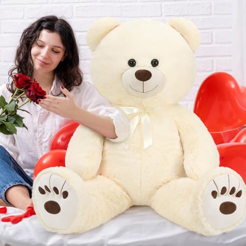 MorisMos 124cm riesen Teddy mit Fußspur, Beige groß teddybär XXL, weich Kuschelbär Plüschbär, Geburtstag Geschenke Kinder Jungen Baby von MorisMos