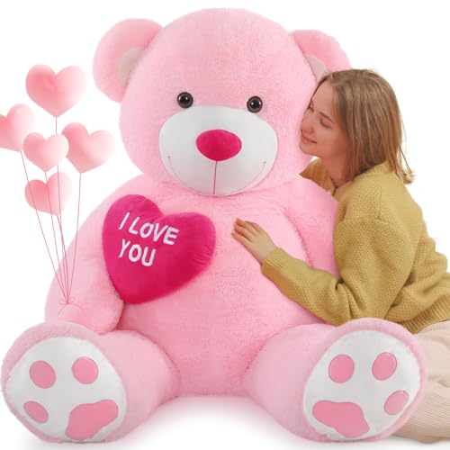 MorisMos 130cm Teddybär groß XXL mit Herz I Love You, Rosa riesen Teddys, großer Bär Kuscheltier XXL, Kinder Mädchen Freundin Frauen Mutter von MorisMos